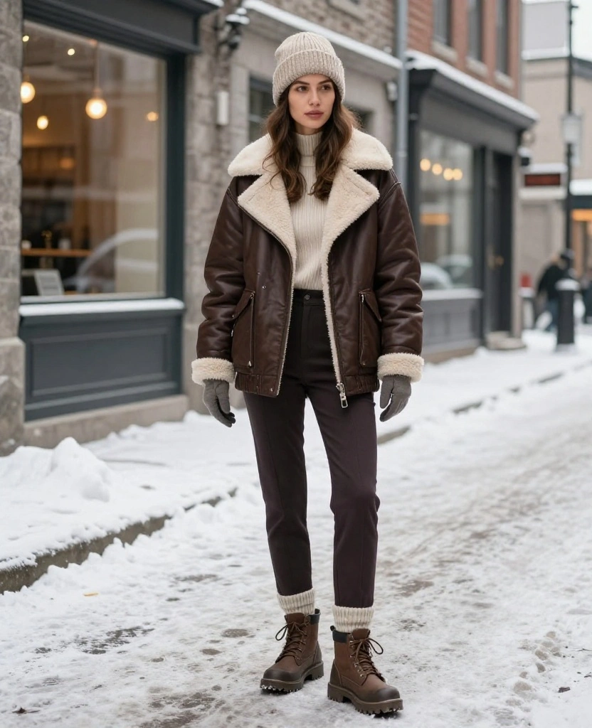 What to Wear in Montréal in December: 15 Warm Winter Outfits That Look Chic, Not Bulky! 27 What to Wear in Montréal in December What to Wear in Montréal in December: 15 Warm Winter Outfits That Look Chic, Not Bulky! - 7. The Shearling-Collar Aviator With Sleek Winter Layers 1
