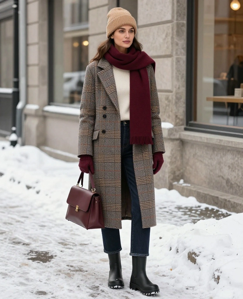 What to Wear in Montréal in December: 15 Warm Winter Outfits That Look Chic, Not Bulky! 31 What to Wear in Montréal in December What to Wear in Montréal in December: 15 Warm Winter Outfits That Look Chic, Not Bulky! - 9. A Plaid Wool Coat With Denim and Warm Accessories 1