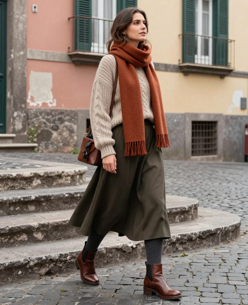 What to Wear in Naples in December: 15 Chic Winter Outfits You’ll Be Glad You Packed 15 what to wear in Naples in December What to Wear in Naples in December: 15 Chic Winter Outfits You’ll Be Glad You Packed - 3. A Soft Midi Skirt with Tights and a Chunky Knit 1