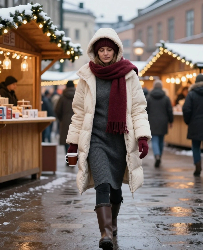 What to Wear in Oslo in December for Christmas Markets: 12 Festive Outfits That Beat the Chill 6 what to wear in Oslo in December What to Wear in Oslo in December for Christmas Markets: 12 Festive Outfits That Beat the Chill - 2. The Cream Parka and Knit Dress Combination 1