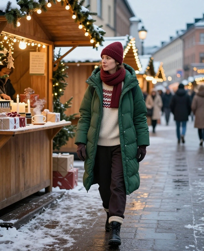 What to Wear in Oslo in December for Christmas Markets: 12 Festive Outfits That Beat the Chill 11 what to wear in Oslo in December What to Wear in Oslo in December for Christmas Markets: 12 Festive Outfits That Beat the Chill - 3. The Forest-Green Puffer with Fair Isle Layers 1