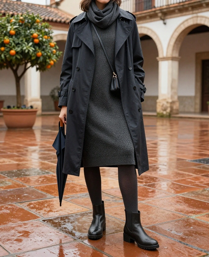 What to Wear in Seville in December: 12 Rain-Proof Outfit Ideas That Keep You Stylish and Comfortable 13 what to wear in Seville in December What to Wear in Seville in December: 12 Rain-Proof Outfit Ideas That Keep You Stylish and Comfortable - 3. A Sweater Dress with Tights and Waterproof Boots 1