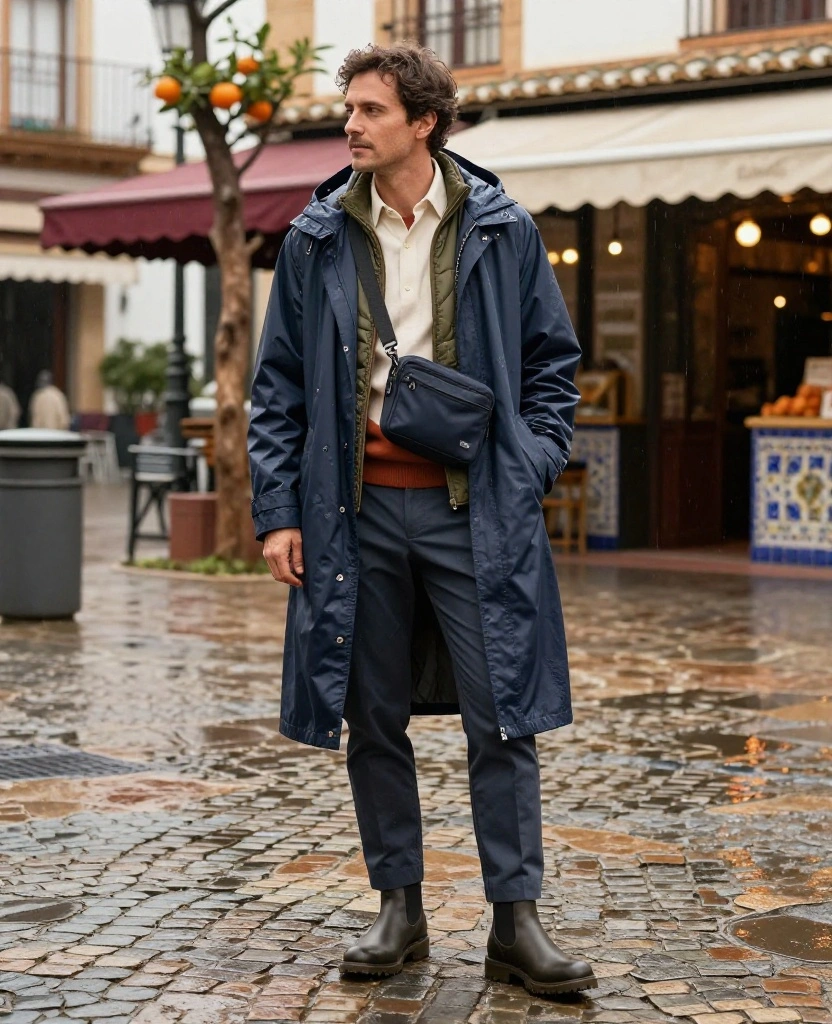 What to Wear in Seville in December: 12 Rain-Proof Outfit Ideas That Keep You Stylish and Comfortable 20 what to wear in Seville in December What to Wear in Seville in December: 12 Rain-Proof Outfit Ideas That Keep You Stylish and Comfortable - 4. Water-Resistant Trousers, a Quilted Vest, and a Long Raincoat 1