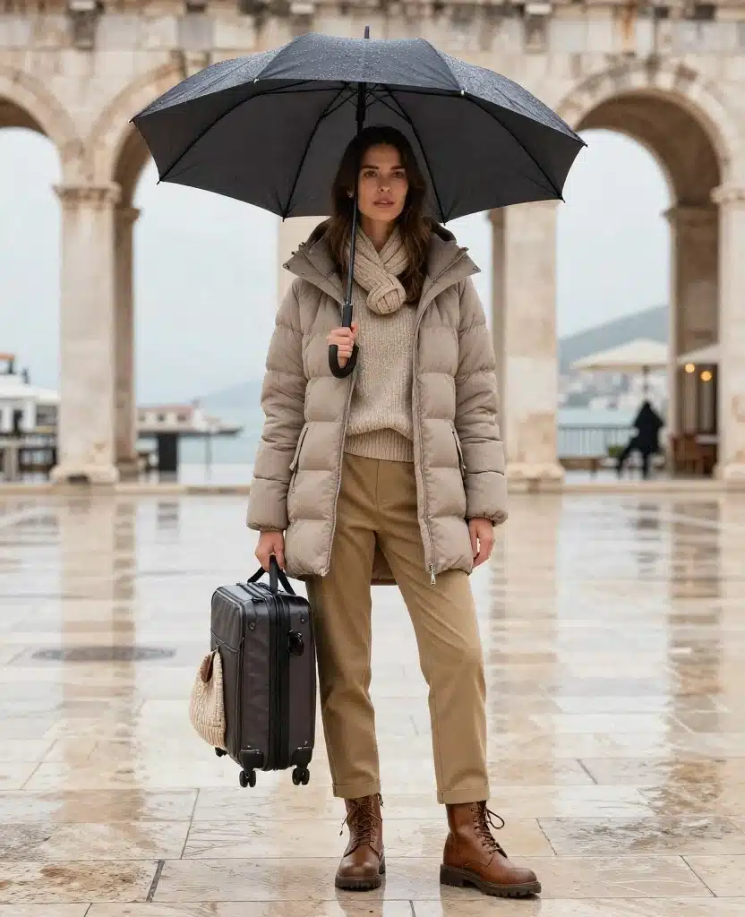 What to Wear in Split in December: 15 Chic Outfit Ideas You’ll Wish You Packed! 22 What to Wear in Split in December What to Wear in Split in December: 15 Chic Outfit Ideas You’ll Wish You Packed! - 4. The Rain-Day Tonal Look With a Packable Puffer 1