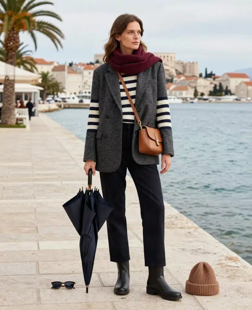 What to Wear in Split in December: 15 Chic Outfit Ideas You’ll Wish You Packed! 43 What to Wear in Split in December What to Wear in Split in December: 15 Chic Outfit Ideas You’ll Wish You Packed! - 7. The Breton Stripe Layered Under a Blazer 1