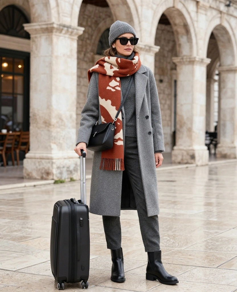 What to Wear in Split in December: 15 Chic Outfit Ideas You’ll Wish You Packed! 52 What to Wear in Split in December What to Wear in Split in December: 15 Chic Outfit Ideas You’ll Wish You Packed! - 8. The Head-to-Toe Charcoal Look With a Statement Scarf 1
