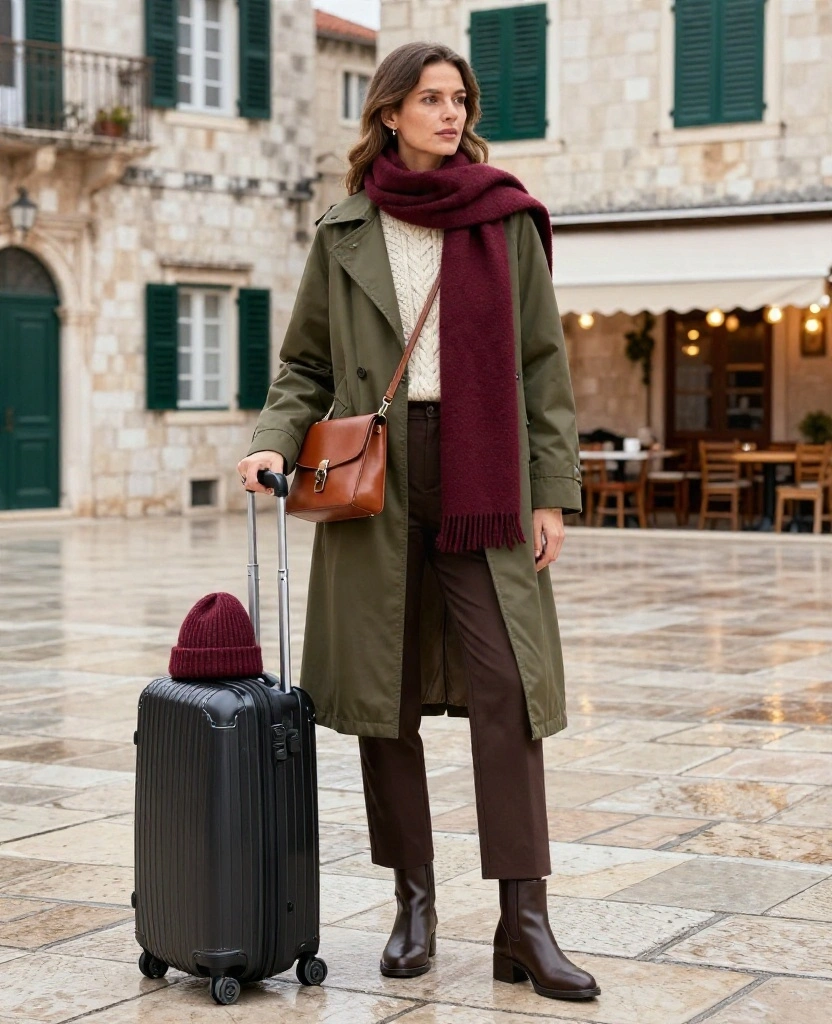 What to Wear in Split in December: 15 Chic Outfit Ideas You’ll Wish You Packed! 59 What to Wear in Split in December What to Wear in Split in December: 15 Chic Outfit Ideas You’ll Wish You Packed! - 9. The Olive Coat With a Burgundy Scarf Accent 1