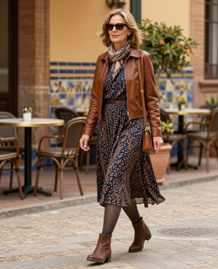 What to Wear in Valencia in December: 15 Chic Outfit Ideas You’ll Want to Copy! 39 What to Wear in Valencia in December What to Wear in Valencia in December: 15 Chic Outfit Ideas You’ll Want to Copy! - 7. A Printed Midi Dress Under a Leather Jacket 1