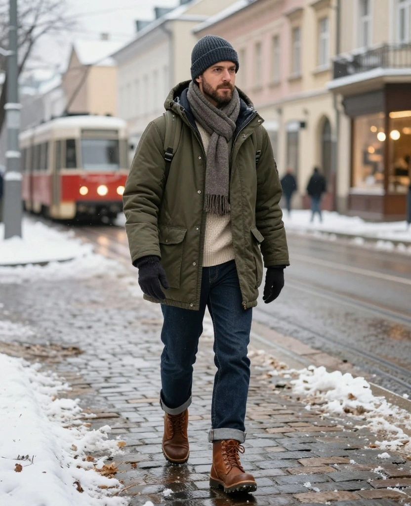 What to Wear in Warsaw in December for Men: 14 Sharp Winter Looks That Handle Freezing Temperatures 58 What to wear in Warsaw in December What to Wear in Warsaw in December for Men: 14 Sharp Winter Looks That Handle Freezing Temperatures - 10. Dark Denim, Knitwear, and Rugged Boots for Everyday Sightseeing 1