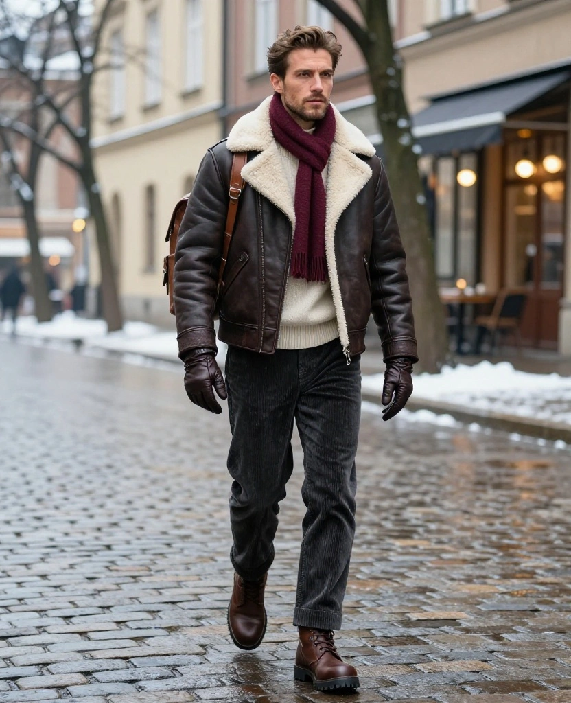 What to Wear in Warsaw in December for Men: 14 Sharp Winter Looks That Handle Freezing Temperatures 15 What to wear in Warsaw in December What to Wear in Warsaw in December for Men: 14 Sharp Winter Looks That Handle Freezing Temperatures - 3. The Shearling Aviator With a Softer City Finish 1