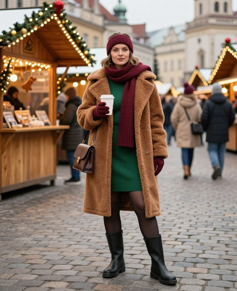 What to Wear to the Wrocław Christmas Market: 12 Festive Outfits That Beat the Chill! 8 What to Wear in Wrocław in December What to Wear to the Wrocław Christmas Market: 12 Festive Outfits That Beat the Chill! - 2. The Teddy Coat, Knit Dress, and Lug Boots 1