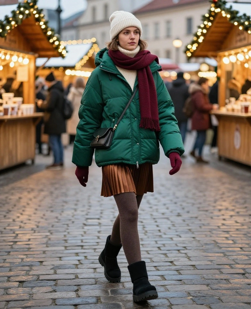 What to Wear to the Wrocław Christmas Market: 12 Festive Outfits That Beat the Chill! 13 What to Wear in Wrocław in December What to Wear to the Wrocław Christmas Market: 12 Festive Outfits That Beat the Chill! - 3. The Puffer Jacket with a Pleated Midi Skirt 1